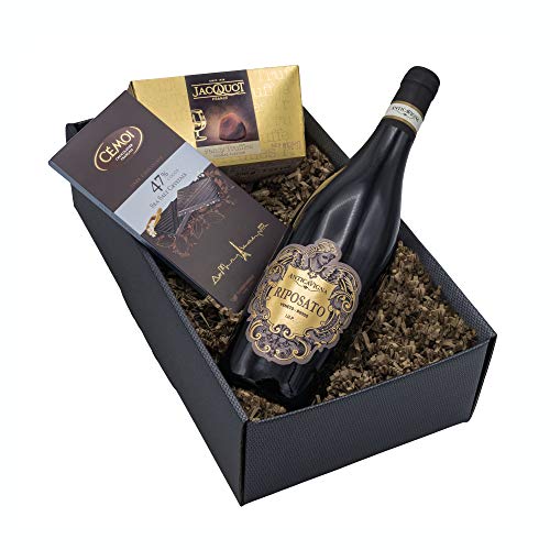 Präsentkorb „Sinneszauber“ mit Wein und Schokolade in einem schönen Geschenkkarton | Italienischer Rotwein Riposato und französische Schokoladentrüffel mit Cognacgeschmack und Meersalzschokolade