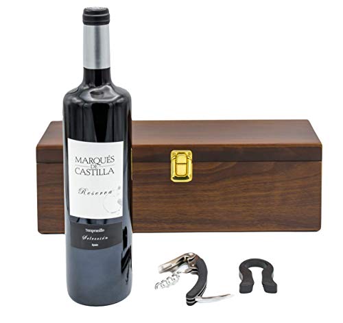Geschenkset Weinset in Holzkiste mit 1 Flasche Marques de Castilla Reserva, 1er Pack (1 x 750 ml)