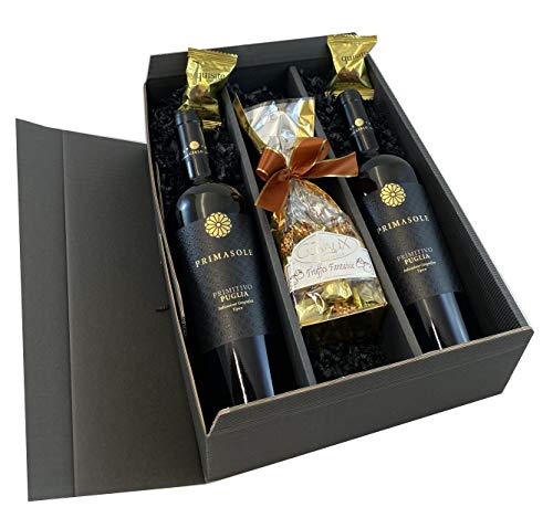 Geschenkset Rotwein: Primitivo Primasole mit Schokoladentrüffeln und Feigen in Schokolade