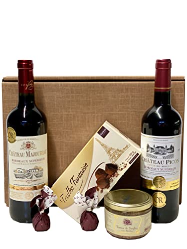 Geschenkset französischer Genuss | 2 x französischer Rotwein (Bordeaux) trocken | Schokoladentrüfffel | Wildschweinpastete | 2 x Feigen in Schokolade